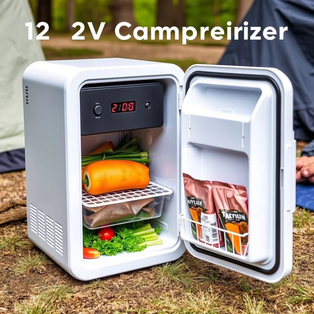 Open 12V portable compressor fridge showing organized food storage interior, product photography outdoor scene
