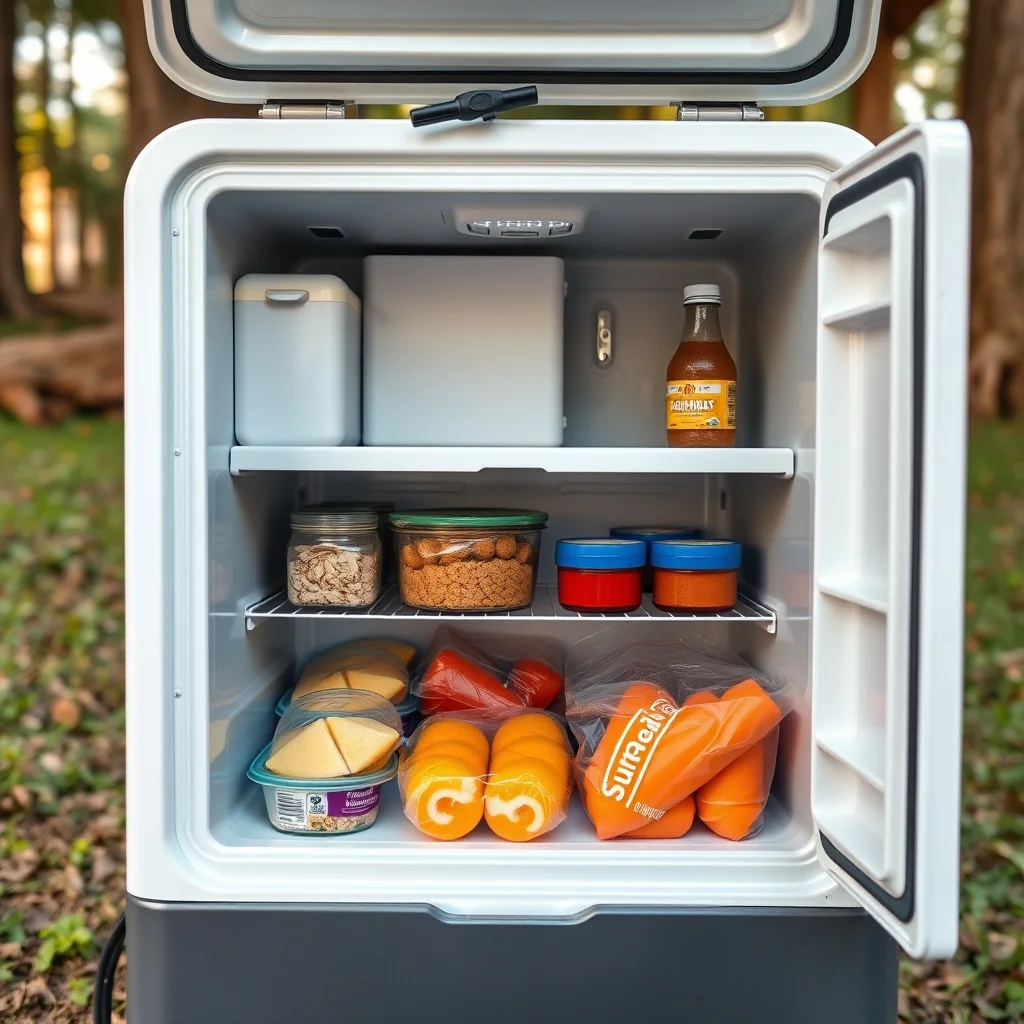Portable 12V compressor fridge open showing contents and temperature display, product photography outdoor setting