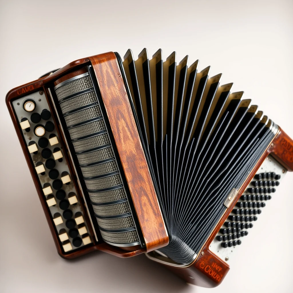 Vintage Italian piano accordion open on table showing reed plates and bellows, product photograph