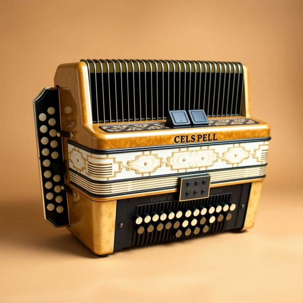 Vintage Italian piano accordion with pearl celluloid grille, product photograph on neutral background