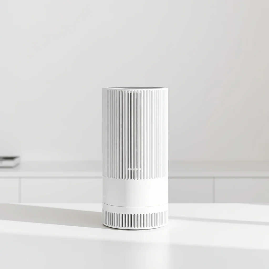 Modern HEPA air purifier on a clean white countertop, product photography