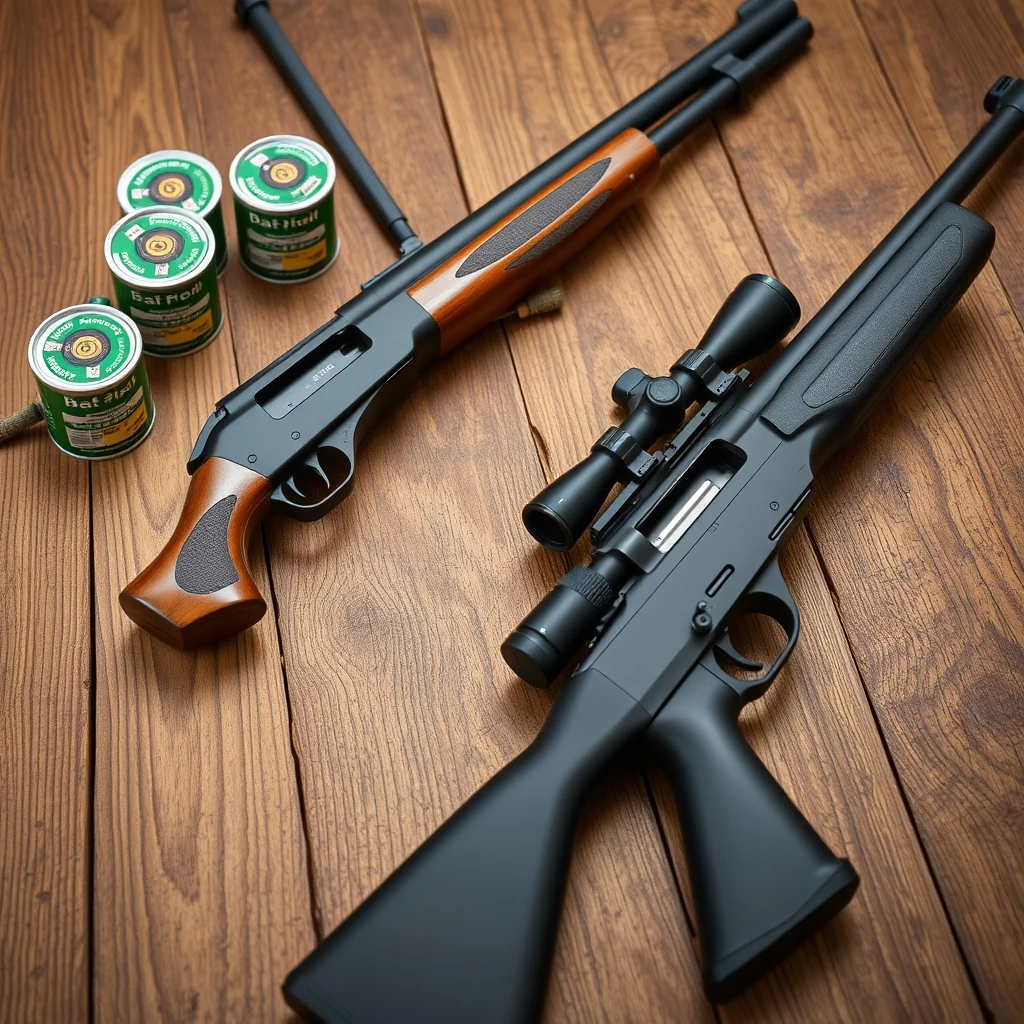 Close-up product photograph of a PCP air rifle with a mounted scope on a wooden bench