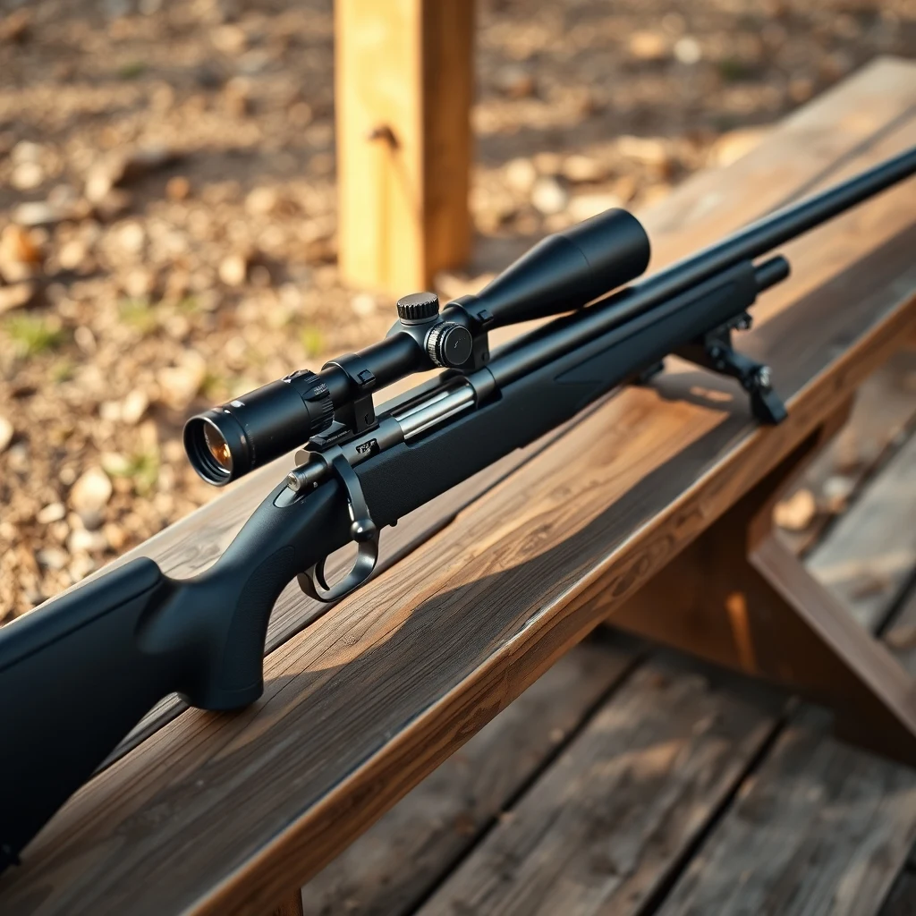 PCP air rifle with scope on a wooden bench, product photography