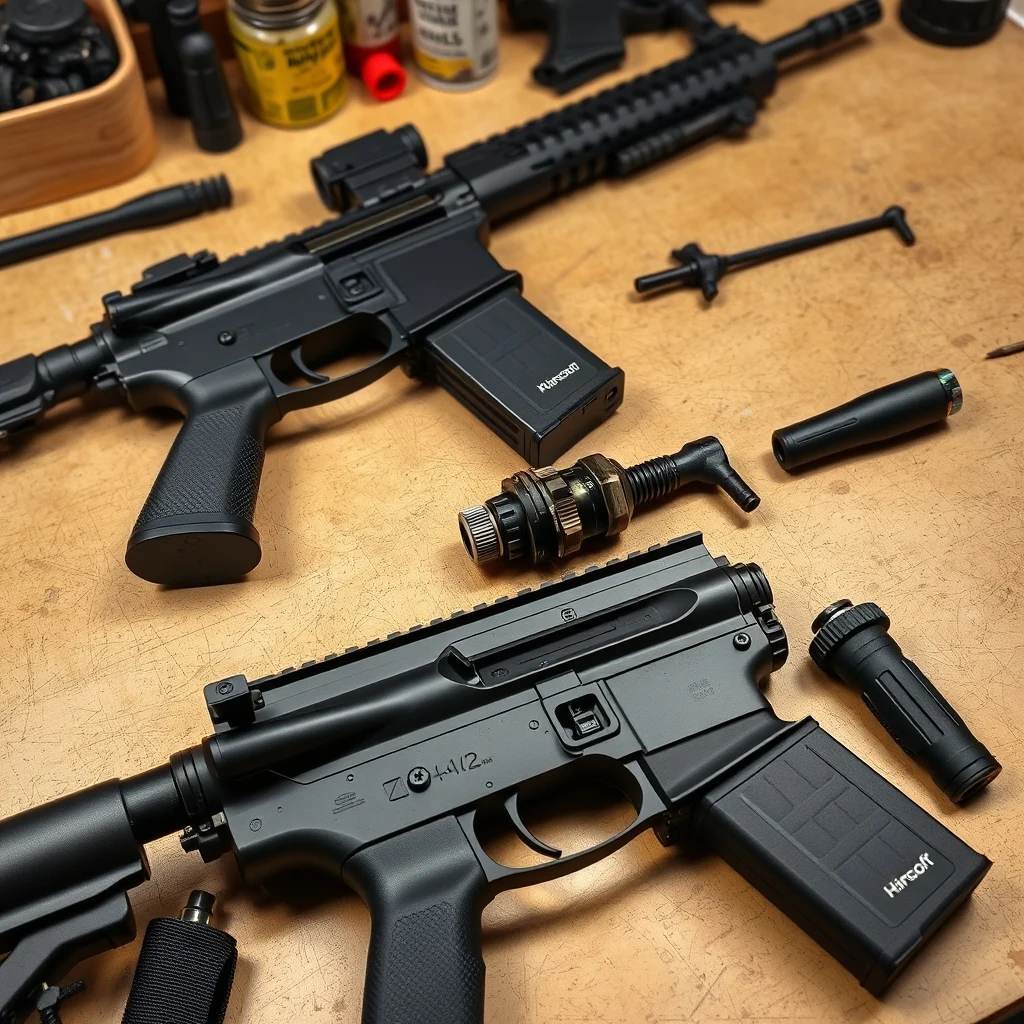 AEG airsoft rifle disassembled showing gearbox components on a workbench, product photograph