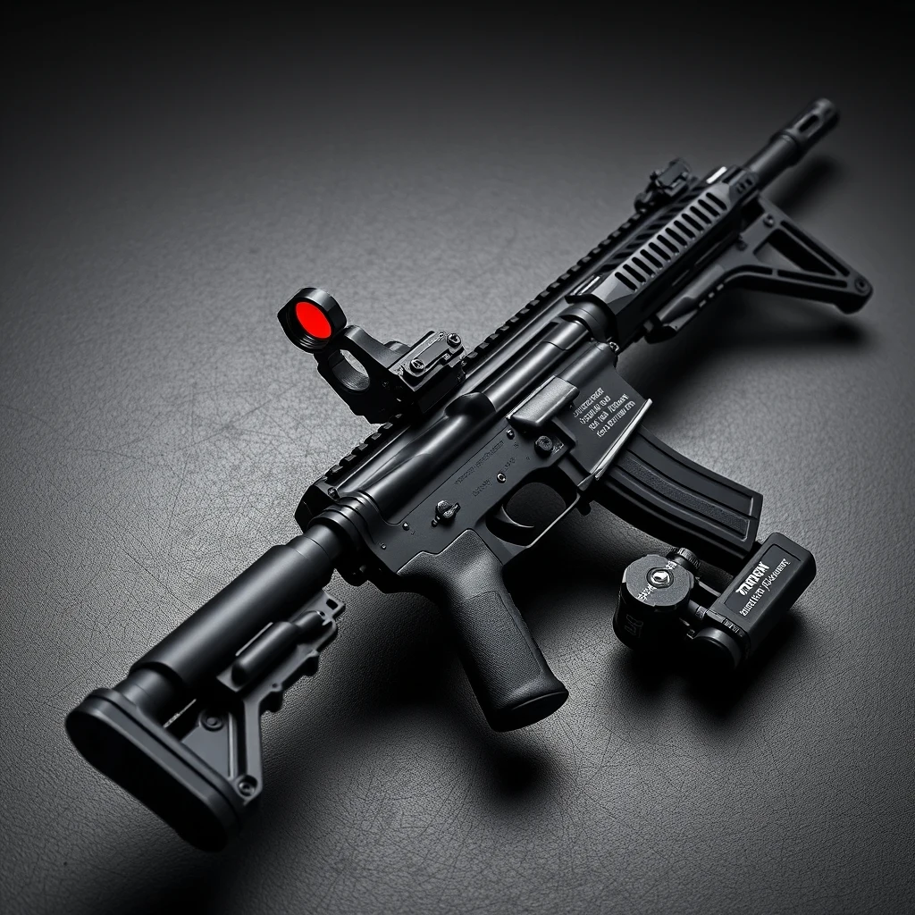 AEG airsoft rifle with tactical accessories on a dark surface, product photography