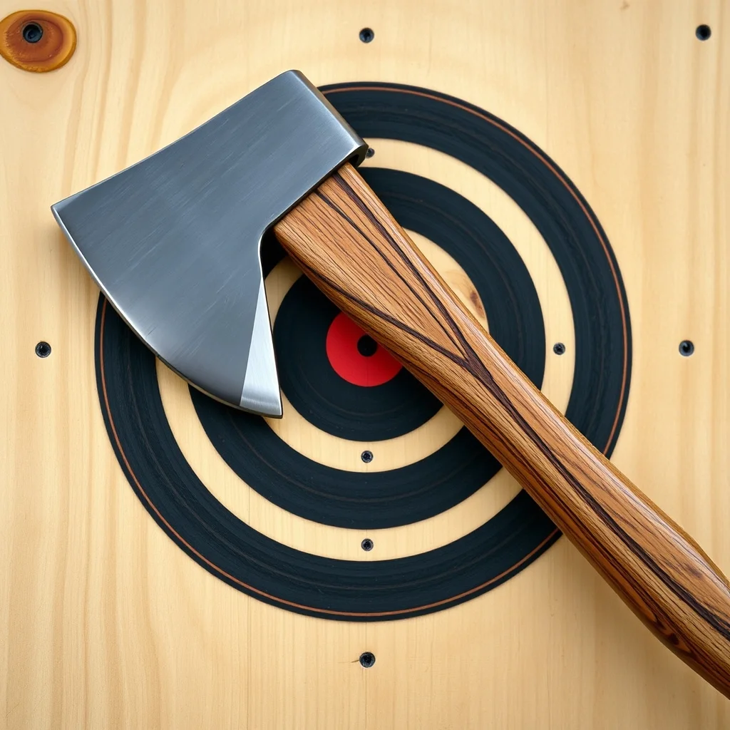 Two competition throwing axes with hickory handles and carbon steel heads laid beside a circular pine target board with scored rings, product photography