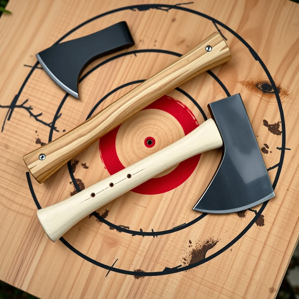 Competition throwing axes with wooden handles laid out on a wooden target board, product photography