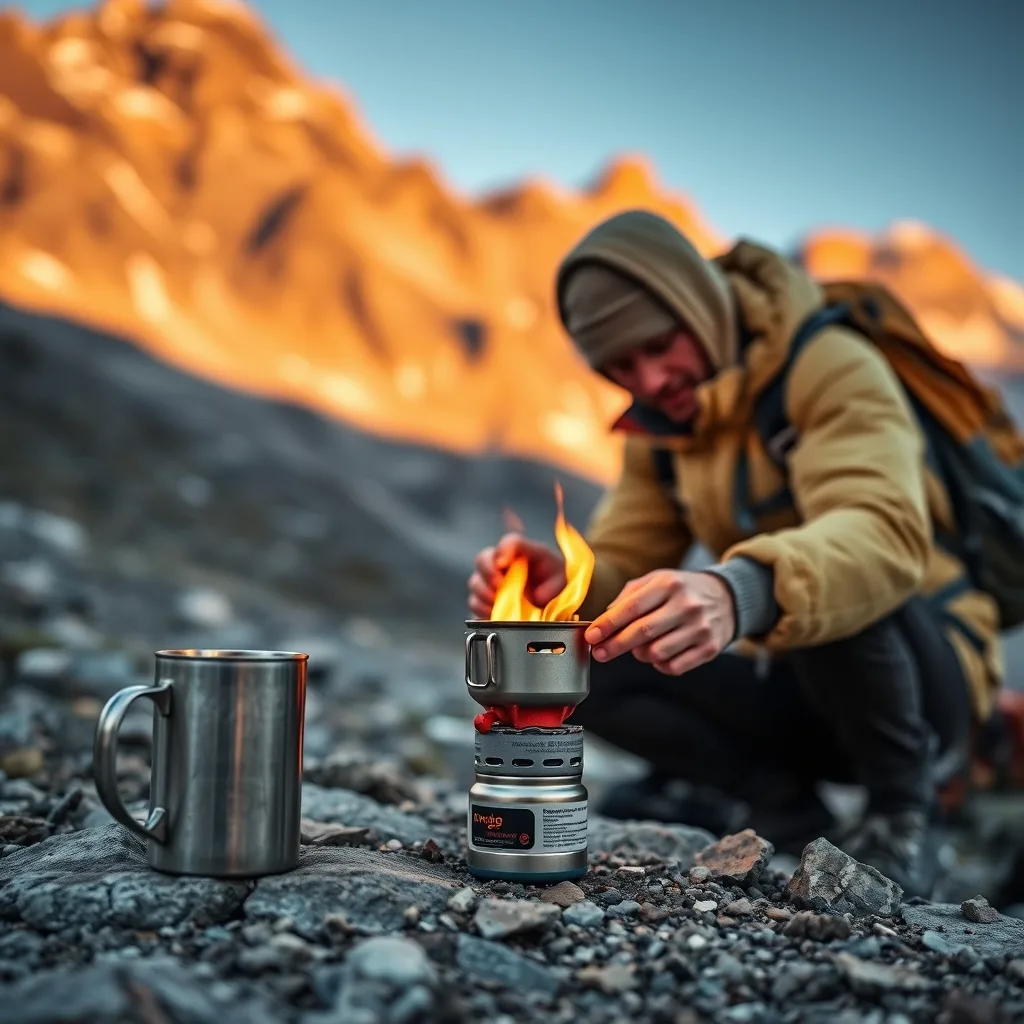 Backpacking stove lit on trail with titanium pot and fuel canister, editorial product photograph