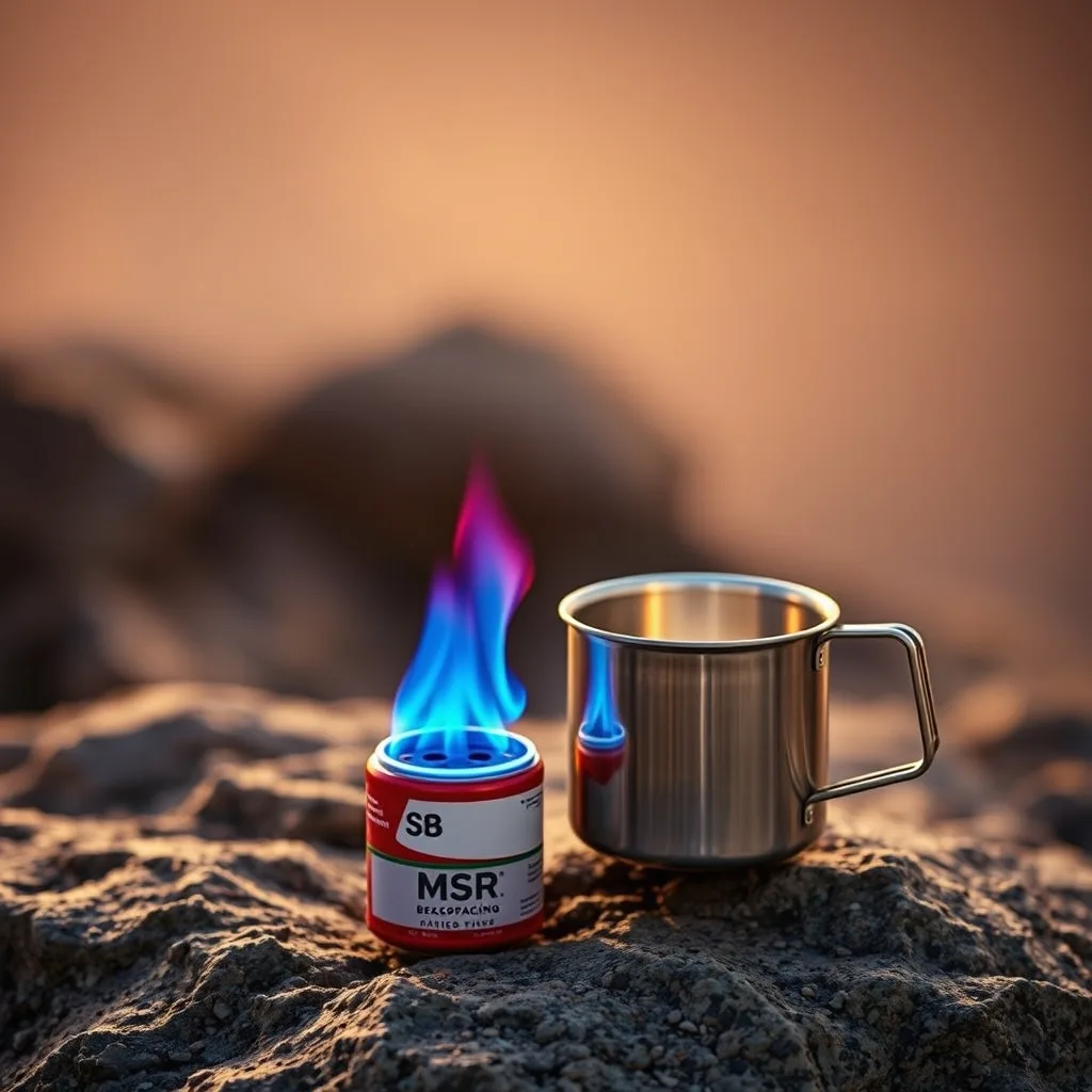 MSR backpacking stove lit on granite rock with titanium pot, editorial product photograph