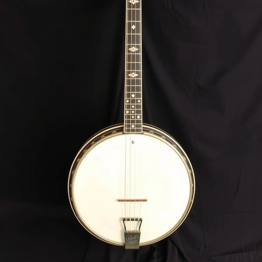 Vintage Gibson Mastertone banjo with resonator on dark cloth, product photograph