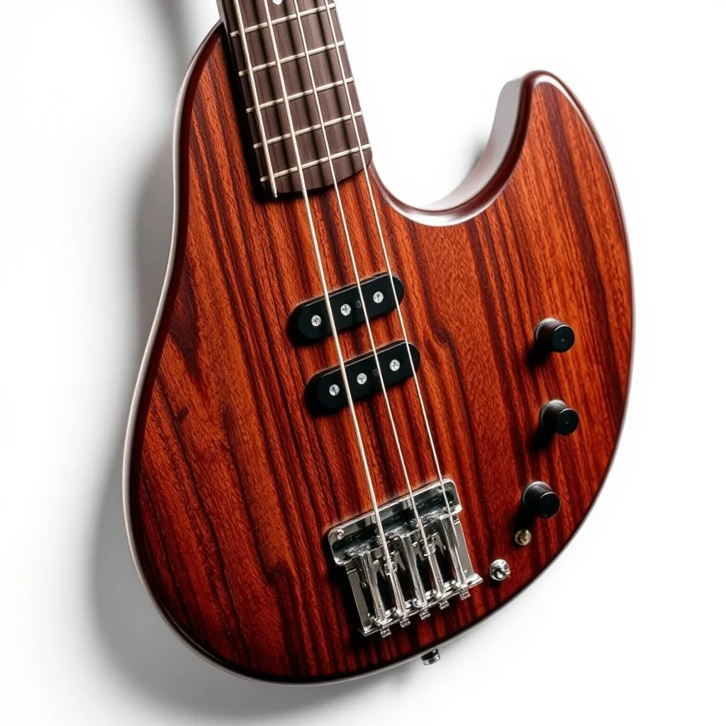 Bass guitar close-up showing pickups and fretboard product photograph