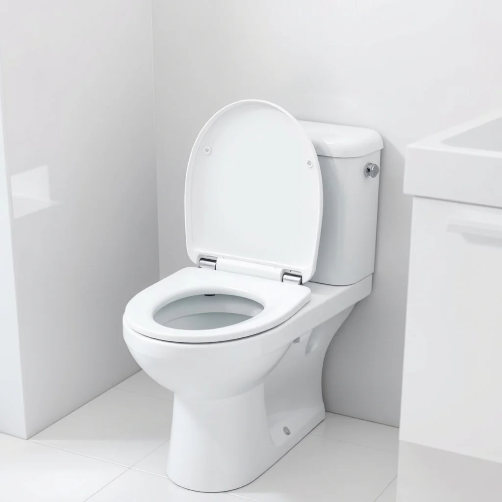 Electric bidet seat installed on white toilet in clean bathroom, product photograph