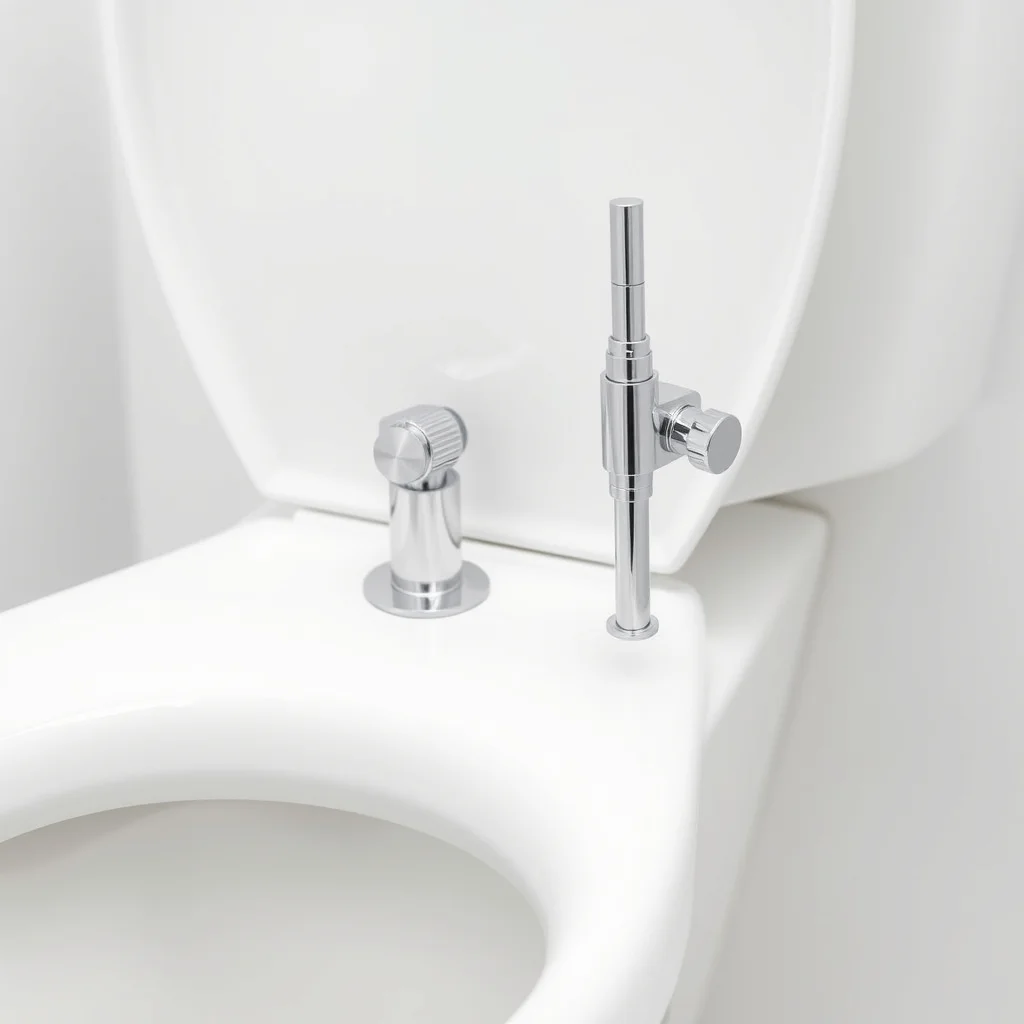 Bidet attachment mounted on white toilet, close-up product photograph