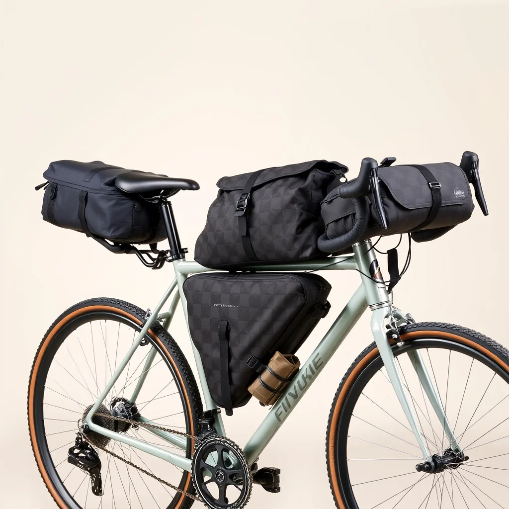 Bikepacking bags arranged on gravel bicycle — frame bag filling triangle, seat pack on saddle rails, handlebar roll — product photograph