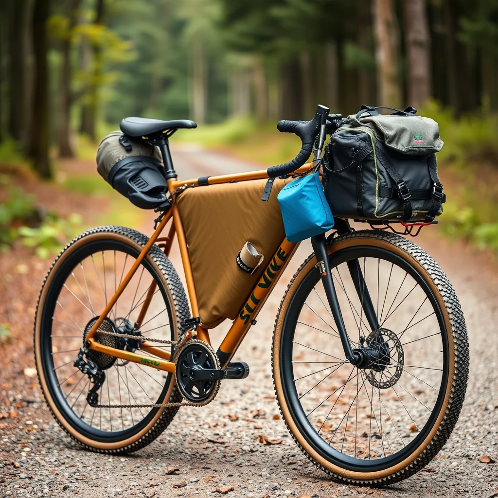 Gravel bicycle loaded with bikepacking bags — frame bag, seat pack, and handlebar roll — on a gravel path, product photograph