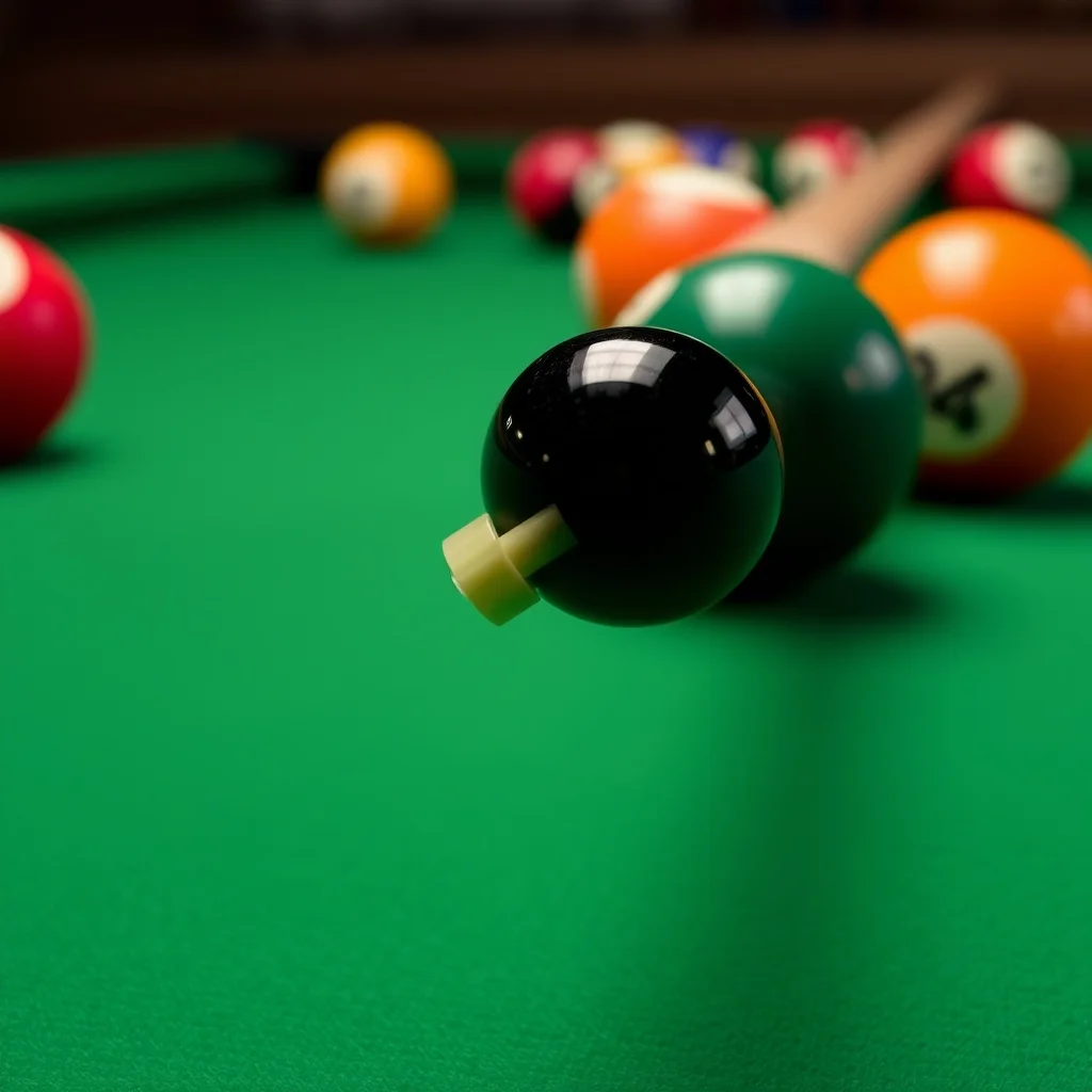 8-foot pool table with green worsted cloth, billiard balls set, and wall-mounted cue rack, product photograph