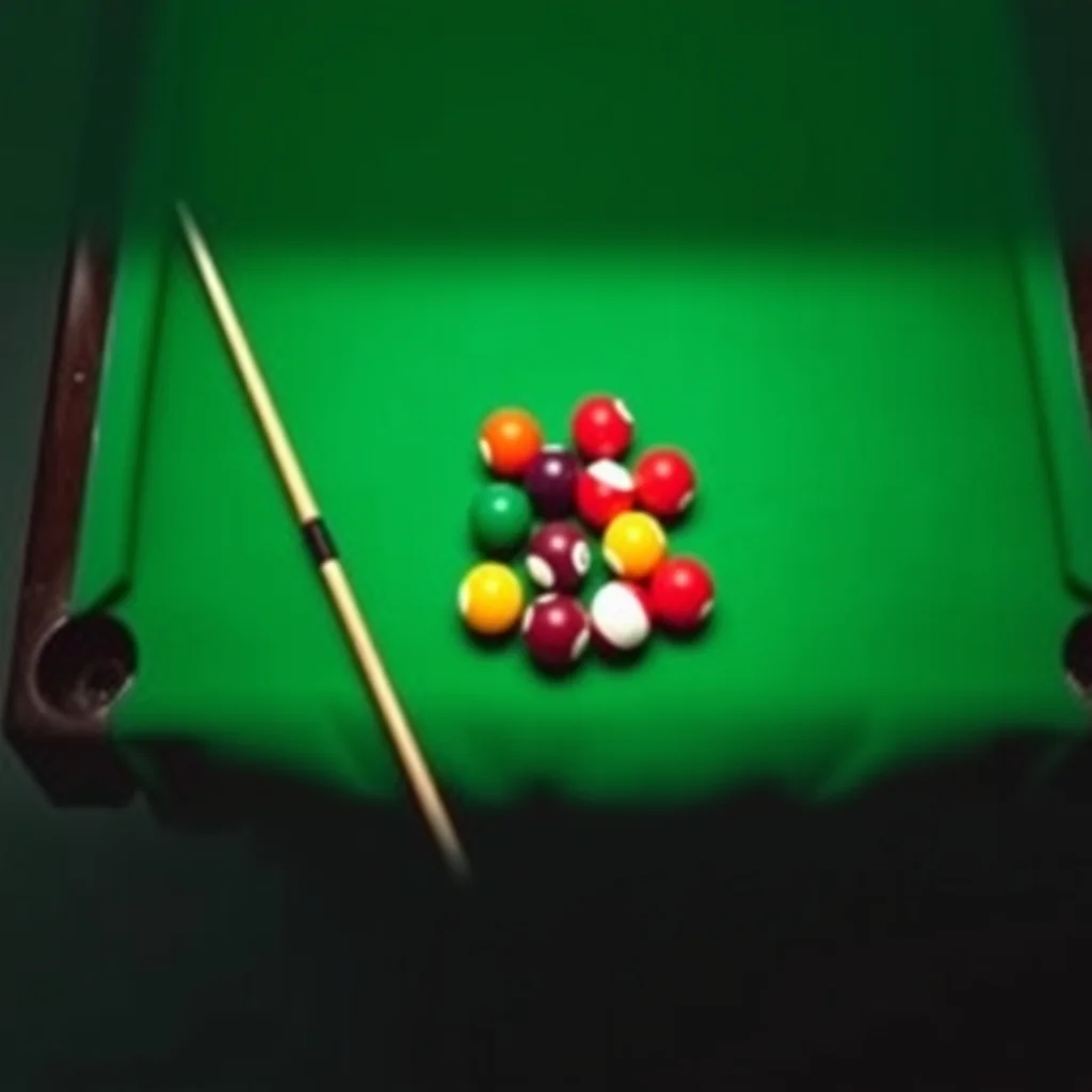 Pool table with green felt, billiard balls racked, and two cues, product photograph