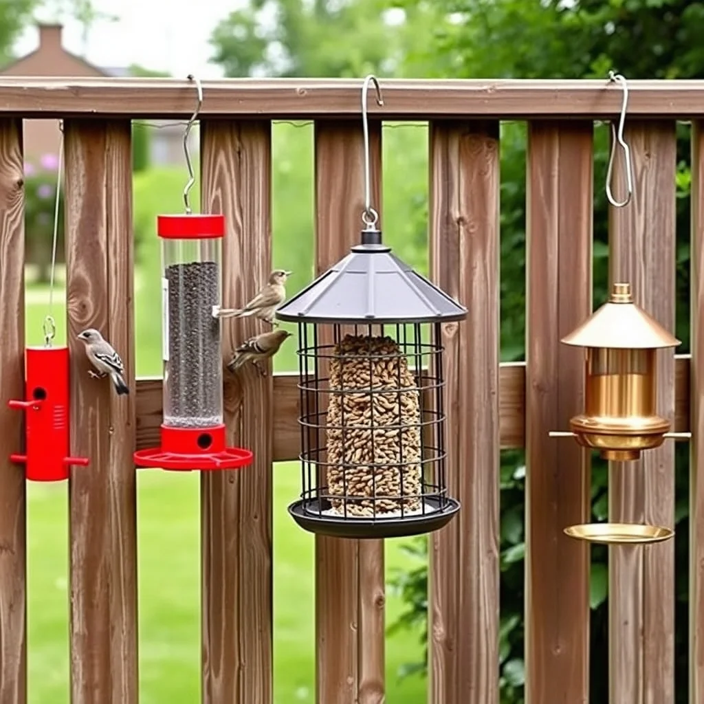 Assortment of bird feeders on a wooden fence including tube feeder, suet cage, and hummingbird feeder, product photography