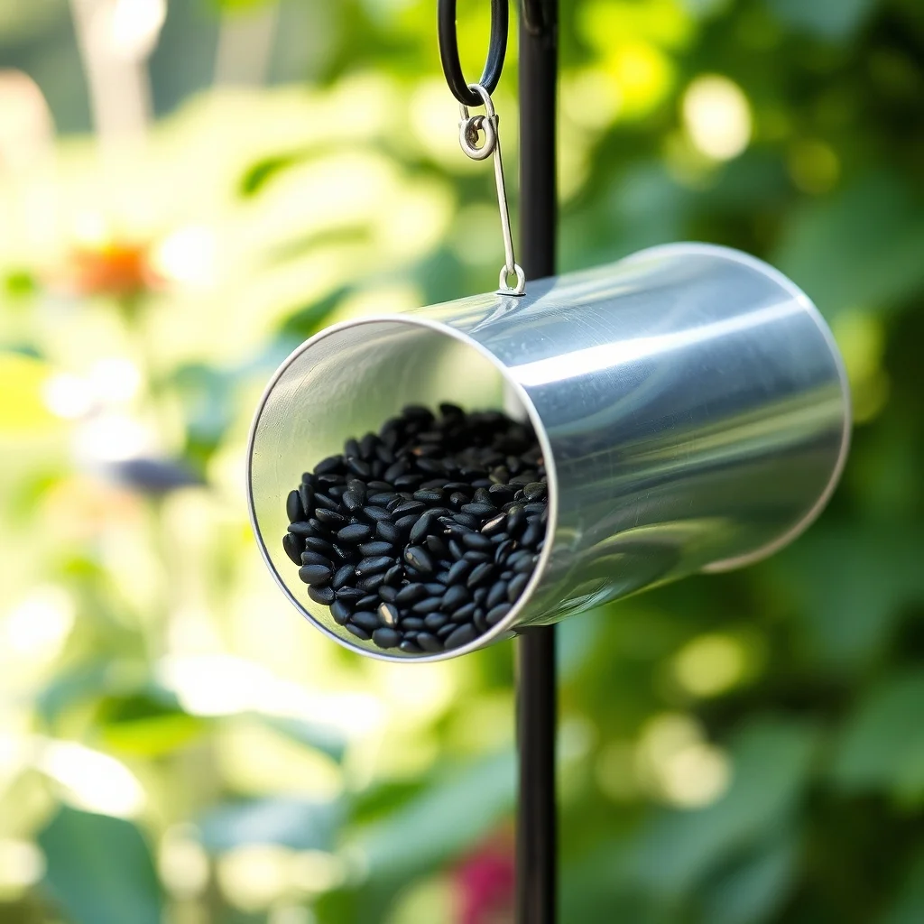 Metal tube bird feeder filled with black oil sunflower seeds, mounted on a pole in a garden, product photograph