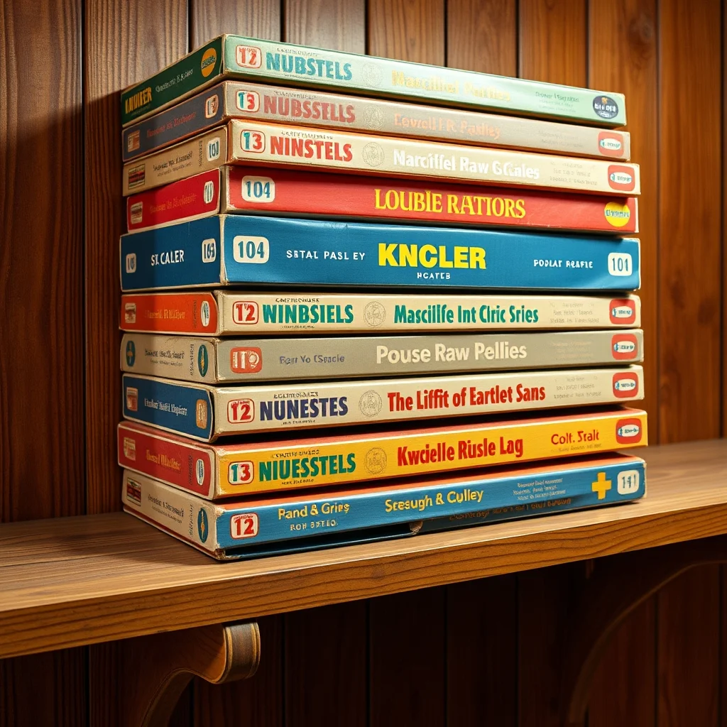 Vintage board game boxes and components spread on wooden table, editorial product photograph