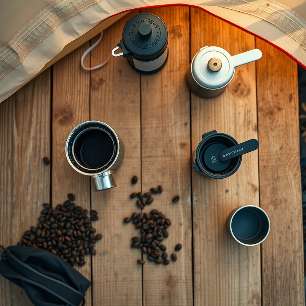 AeroPress Go and Snow Peak titanium French press on camp table with coffee beans, editorial product photograph