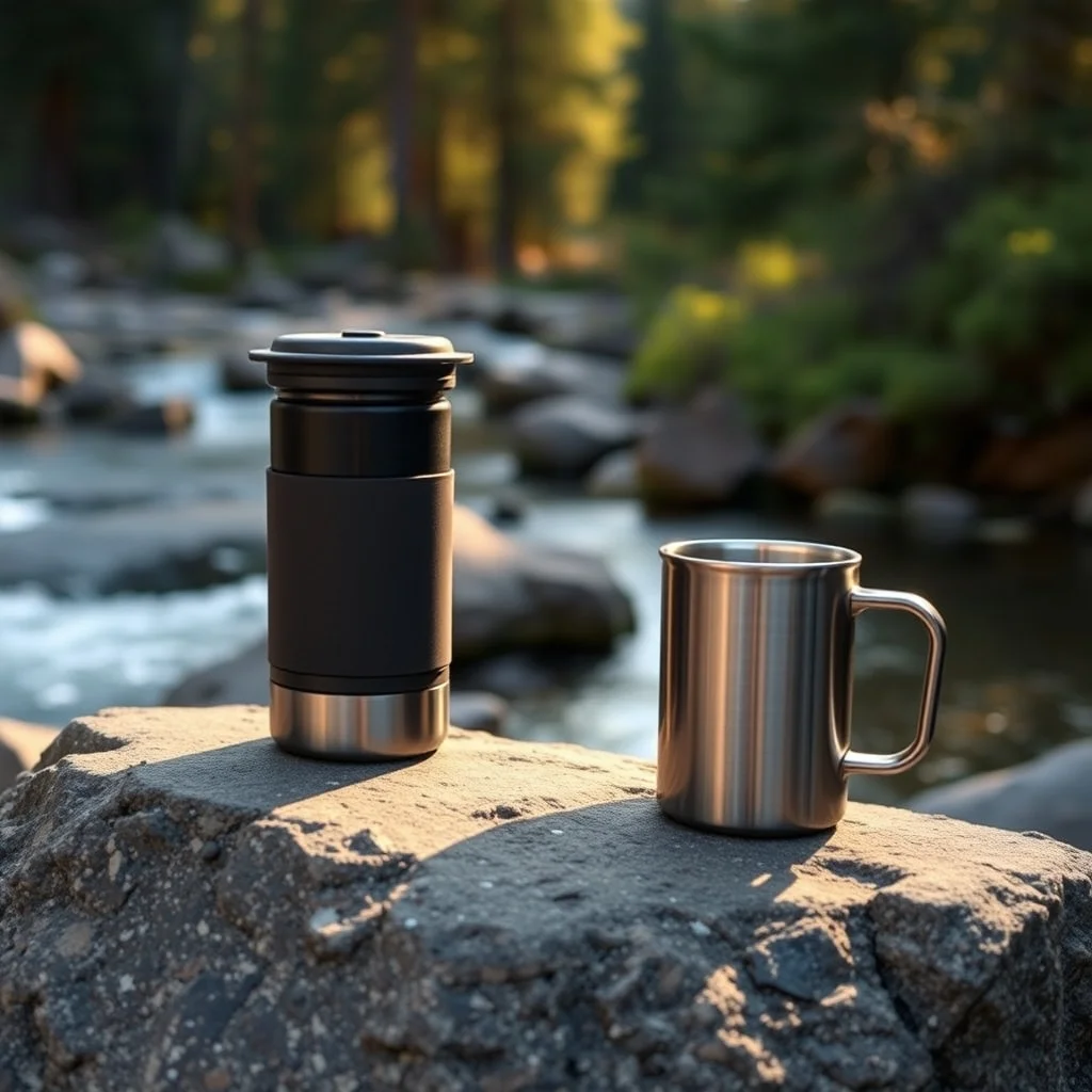 AeroPress Go and titanium mug on camp stove with forest background, editorial product photograph