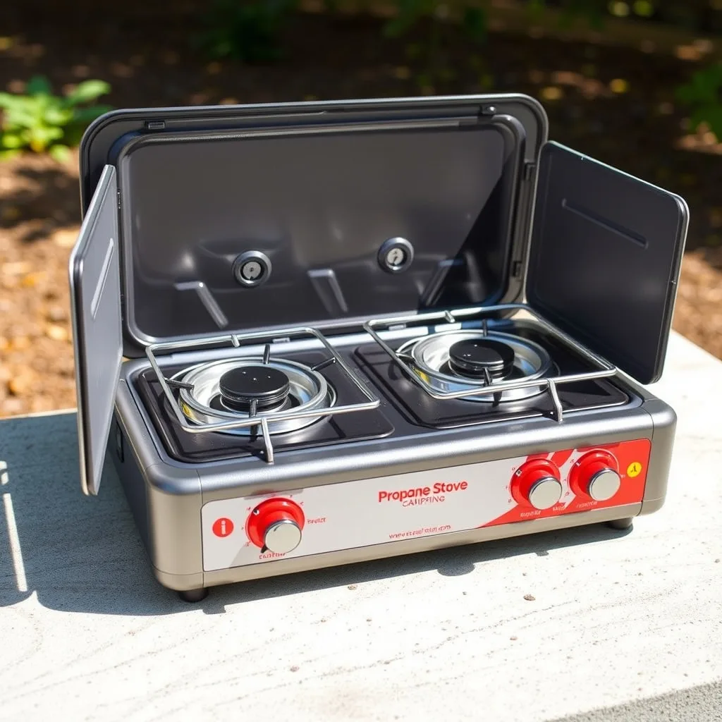 Two-burner propane camping stove with separate controls, lit burners, product photography outdoors