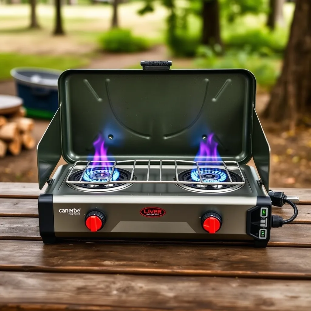 Two-burner propane camp stove with cast iron grate on a picnic table, product photography