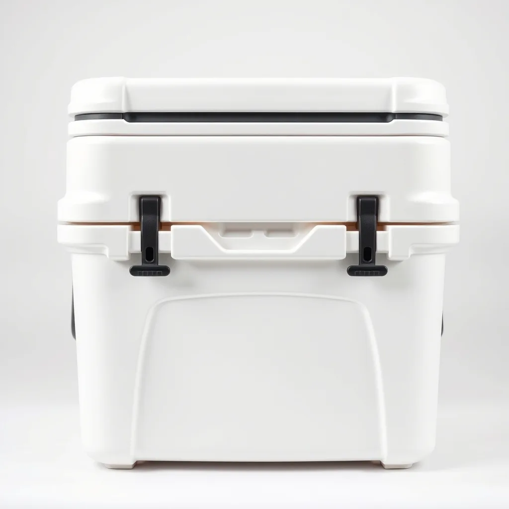Hard-sided rotomolded cooler with lid open showing ice and drinks, product photography on outdoor surface