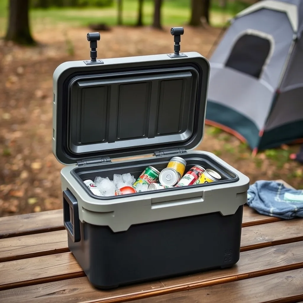 Rotomolded hard-sided cooler open showing ice and food on a campsite, product photography