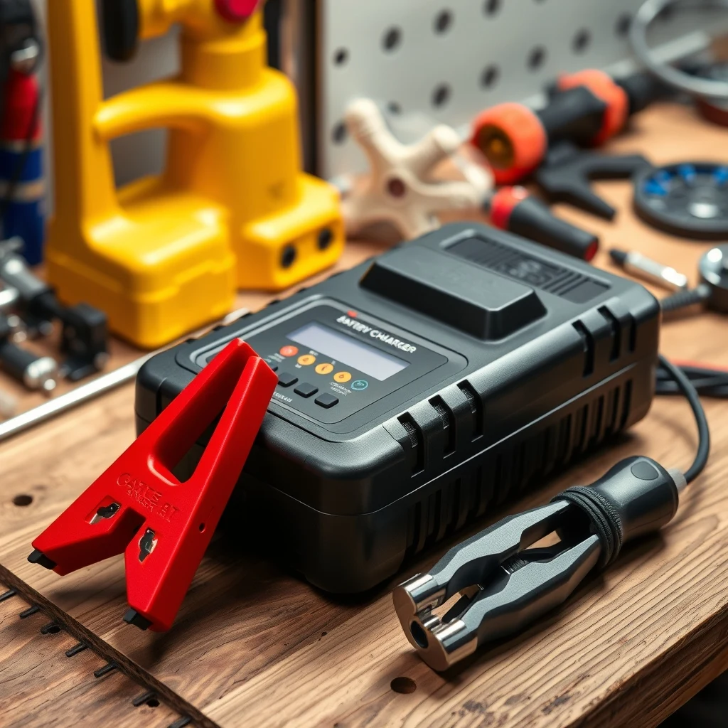 Multi-stage smart battery charger with clamps on workbench, product photograph