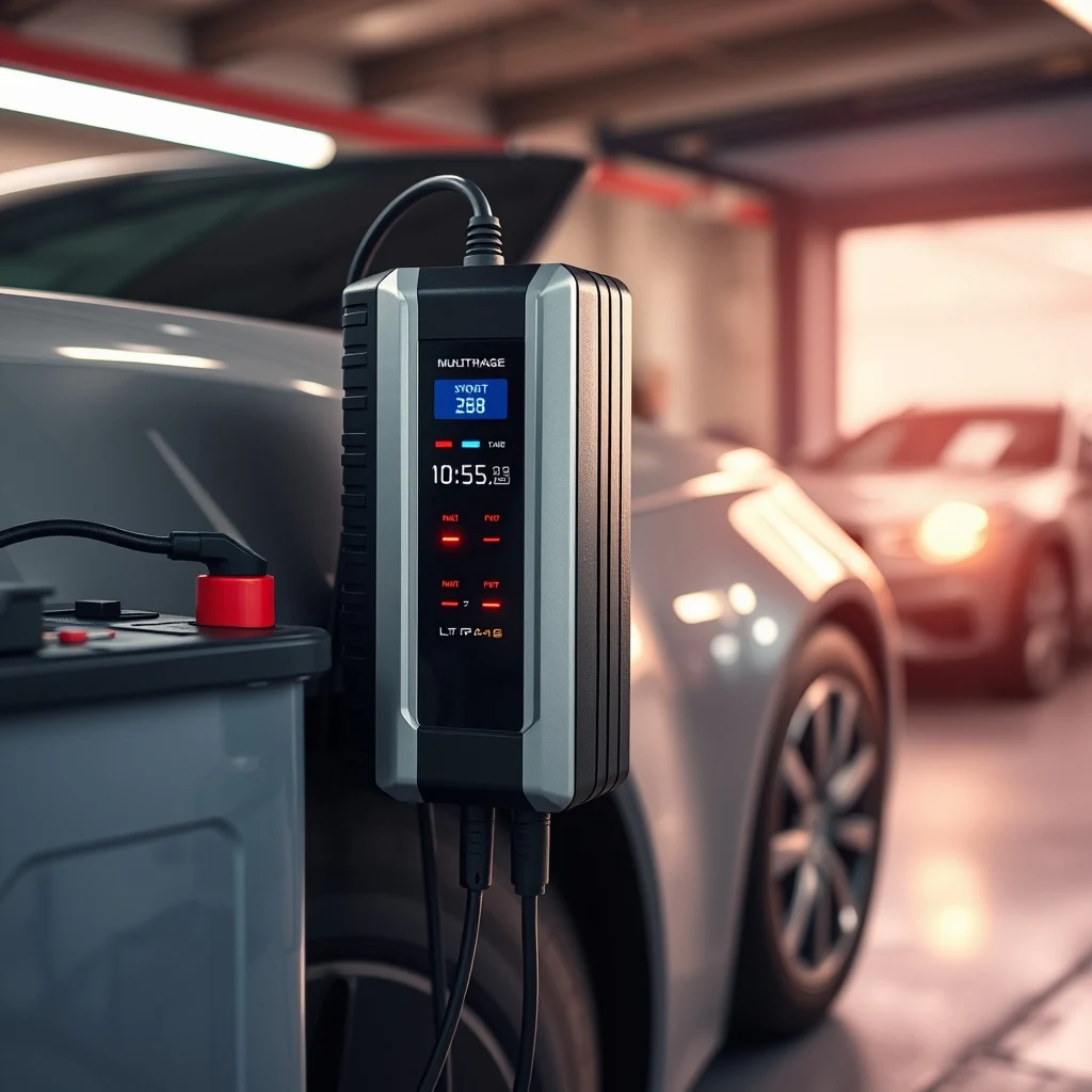 Smart battery charger connected to car battery terminals in garage, product photograph