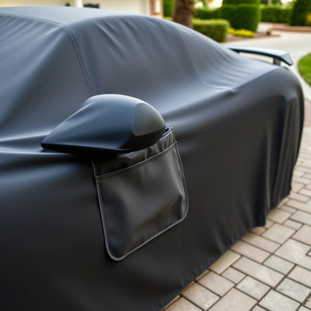 Multi-layer outdoor car cover fitted on sports car in driveway, product photograph