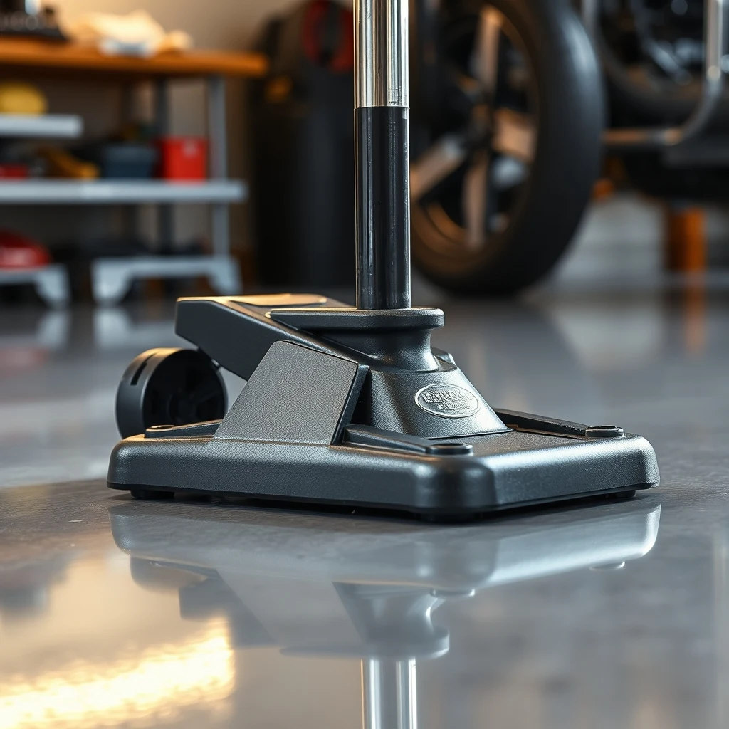 Hydraulic floor jack saddle close-up on polished garage floor, product photograph
