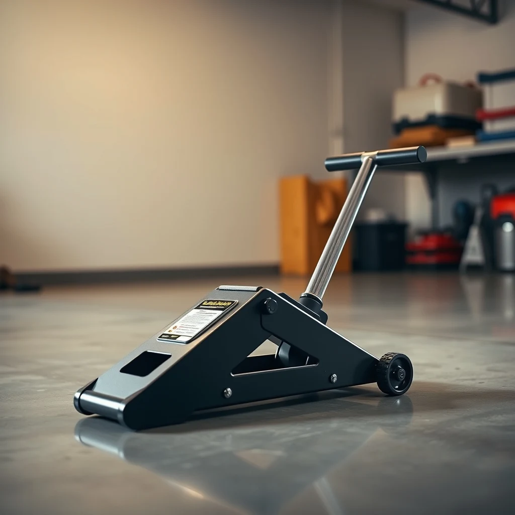 Low-profile hydraulic floor jack on a concrete garage floor, product photograph