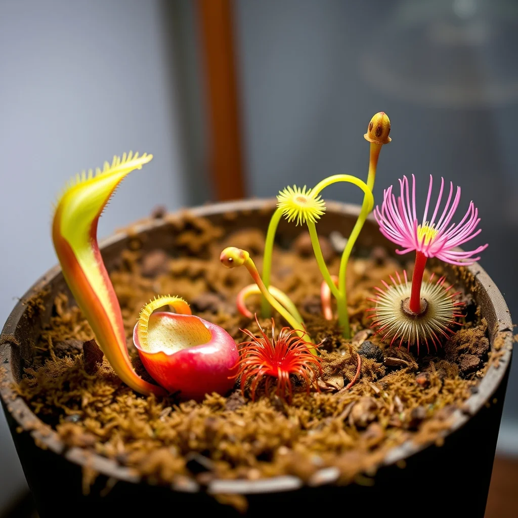 Venus flytrap with open traps and Drosera sundew with sticky red tentacles, close-up bog garden photography