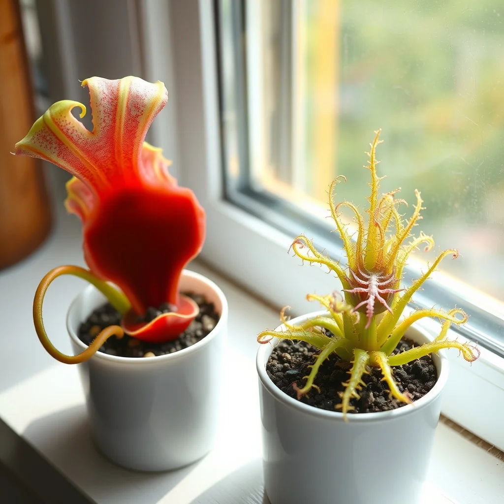 Venus flytrap and sundew in small pots on a bright windowsill, close-up product photography