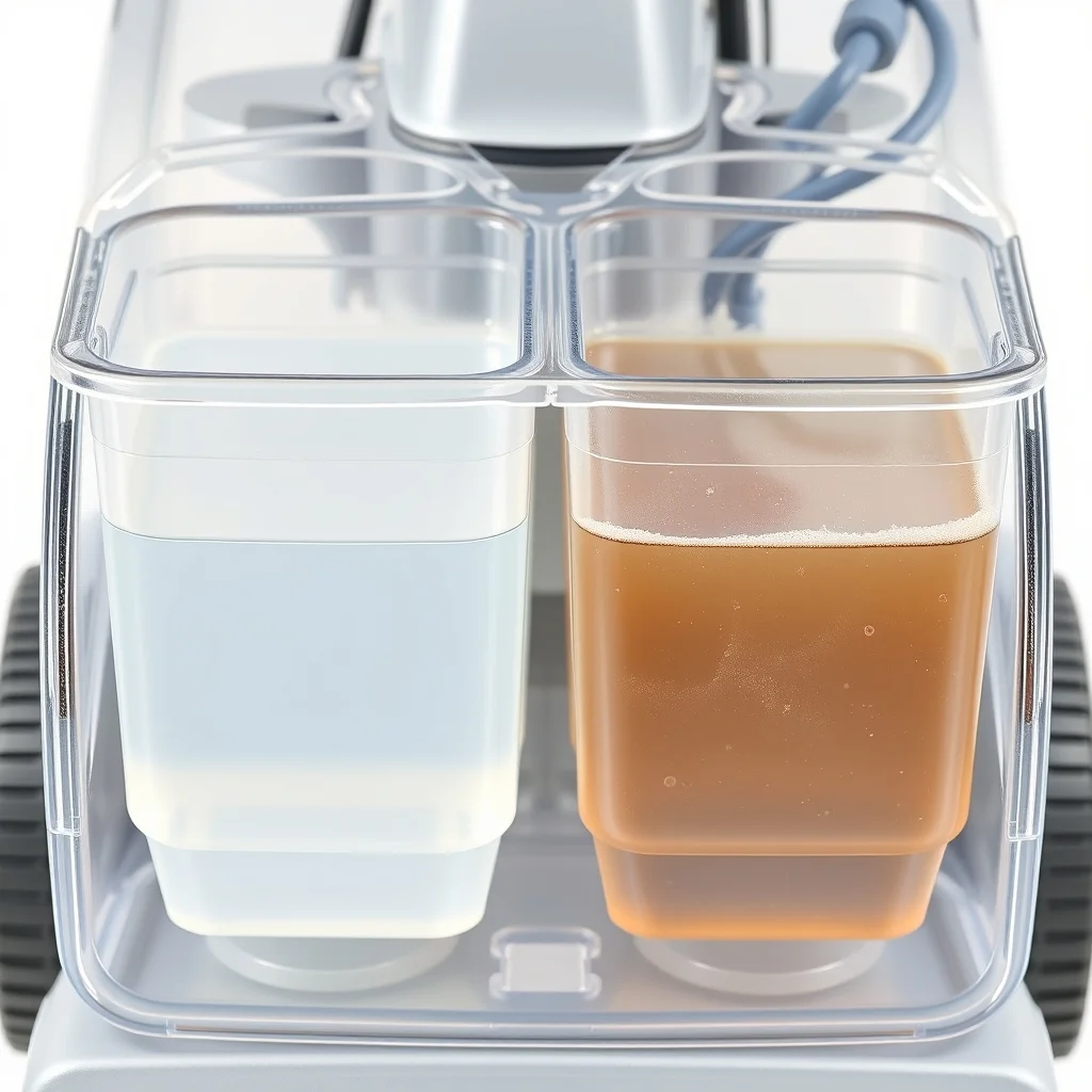 Carpet cleaner machine with clean water tank and dirty water tank visible, product photography
