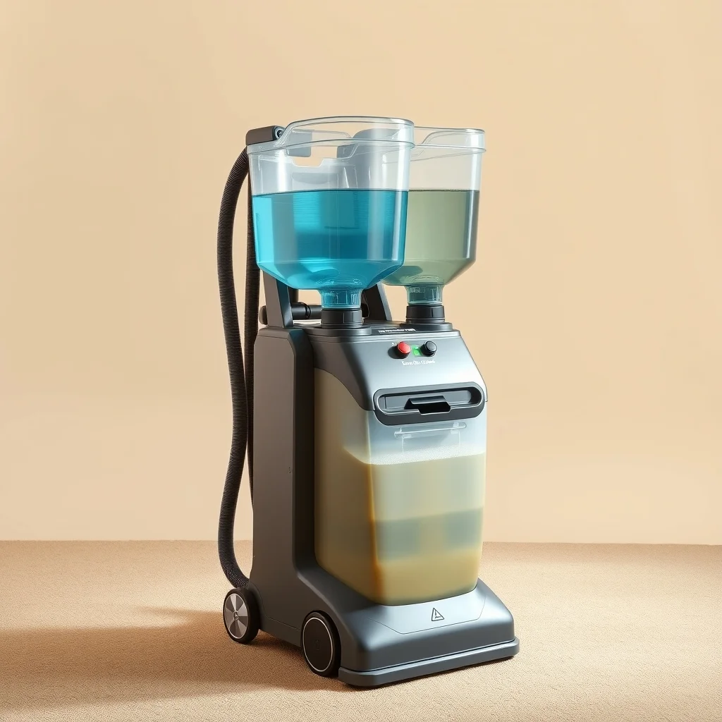 Upright carpet cleaner machine on clean carpet, product photography