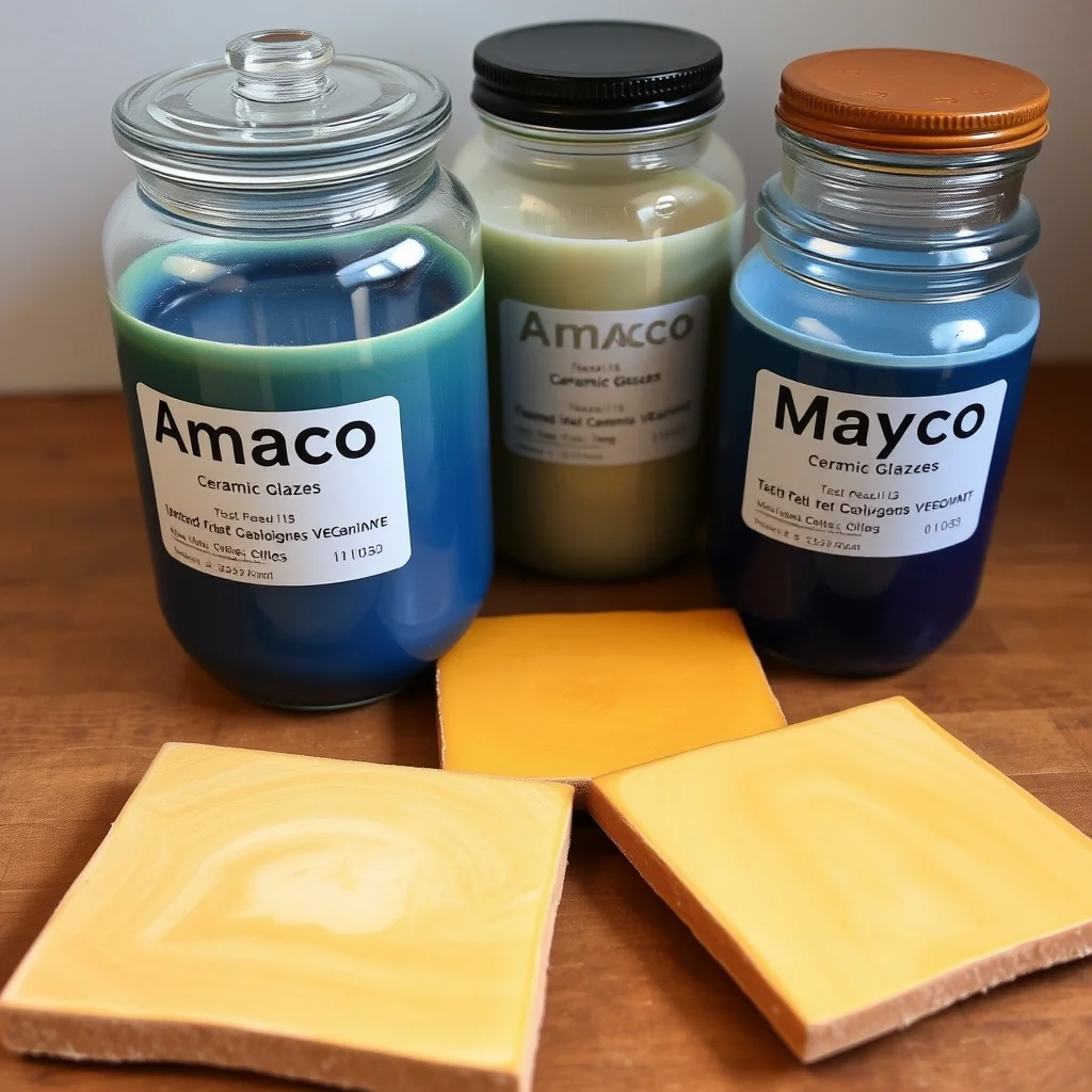 Open jars of Amaco and Mayco ceramic glazes with fired test tiles showing results