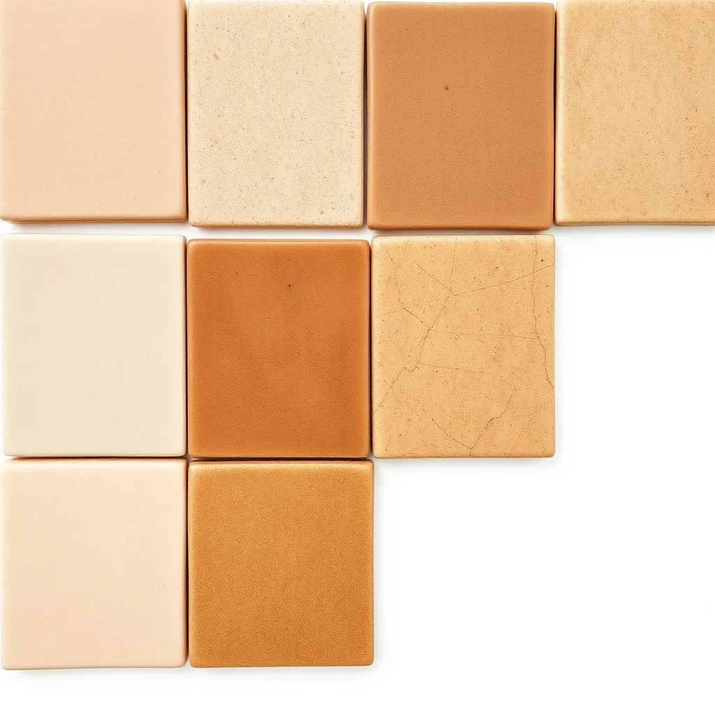 Row of ceramic glaze test tiles showing matte and glossy earth-tone finishes