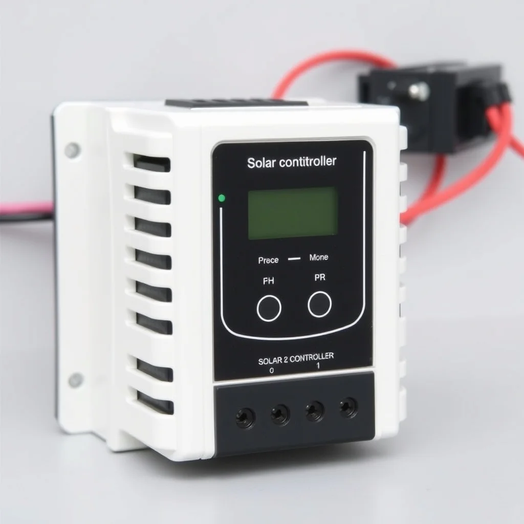 MPPT solar charge controller unit with wiring terminals and digital display showing charge state, product photography