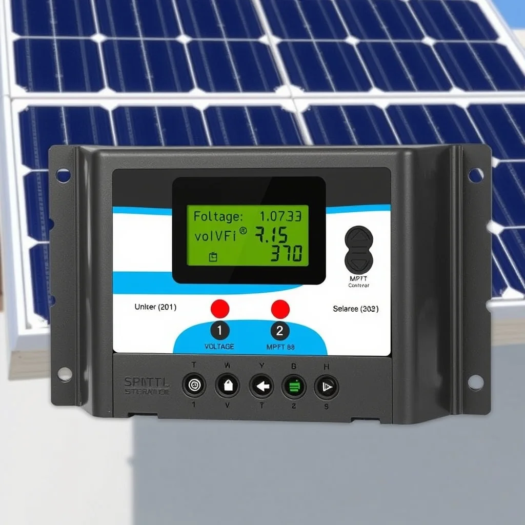MPPT solar charge controller with LCD display showing voltage and current, product photography