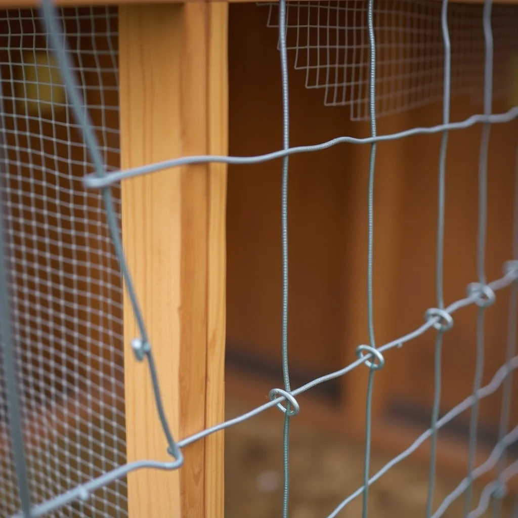 Close-up of a well-built cedar chicken coop showing hardware cloth mesh, ventilation panels, and nesting box access door