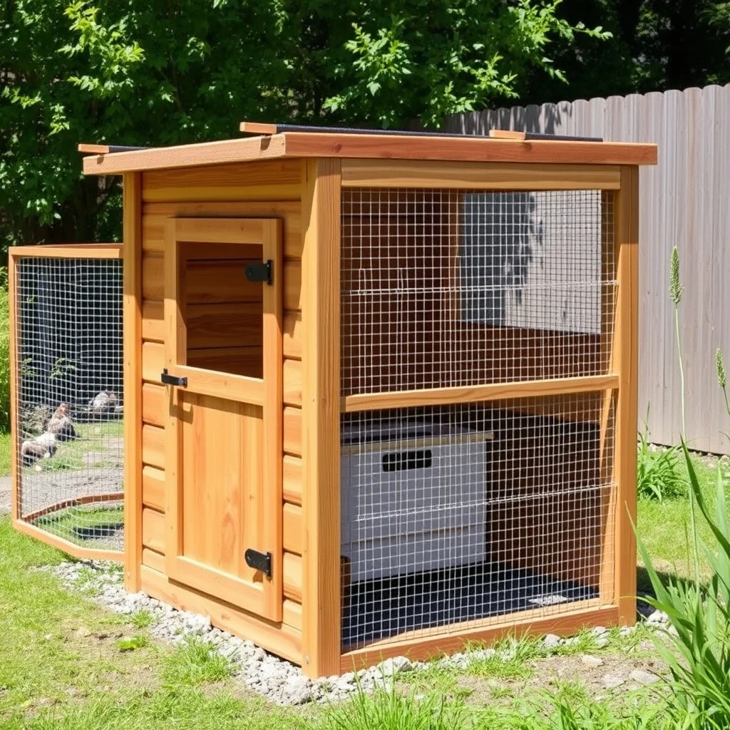 Wooden backyard chicken coop with attached run, surrounded by garden greenery, product photograph