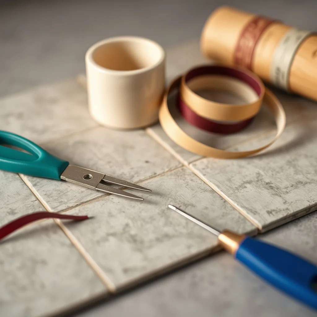 Close-up of pottery trimming and ribbon tools arranged on grey ceramic tile