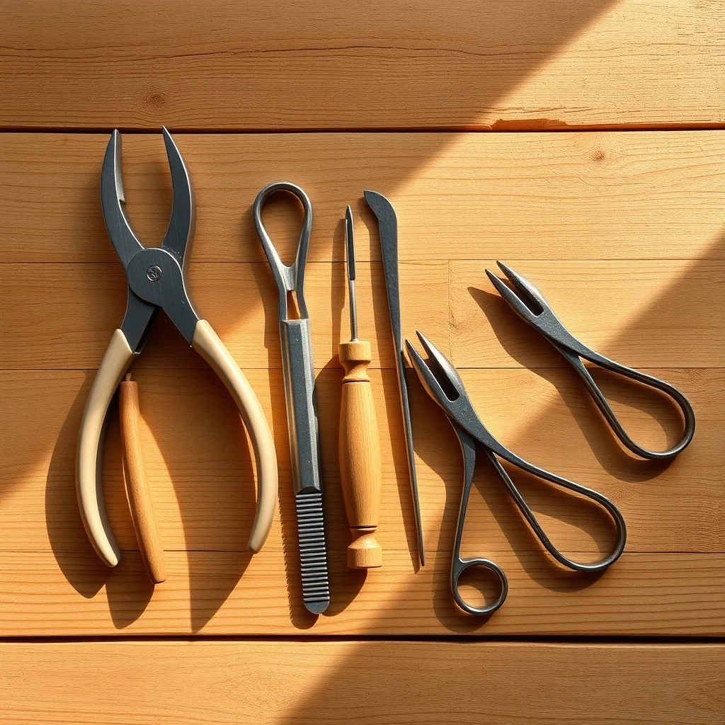 Flat lay of pottery tool kit including wire cutter, ribbon tools, needle tool, and ribs on a wooden surface