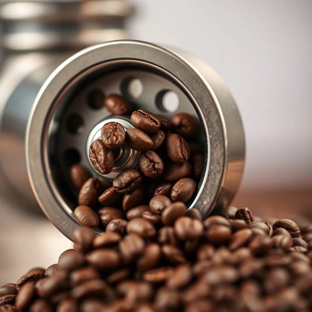 Coffee grinder burr mechanism close-up with coffee beans