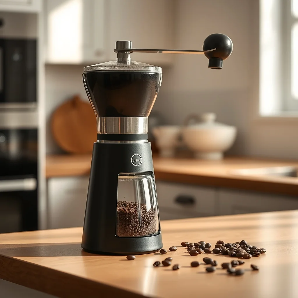 Conical burr coffee grinder on kitchen counter with coffee beans