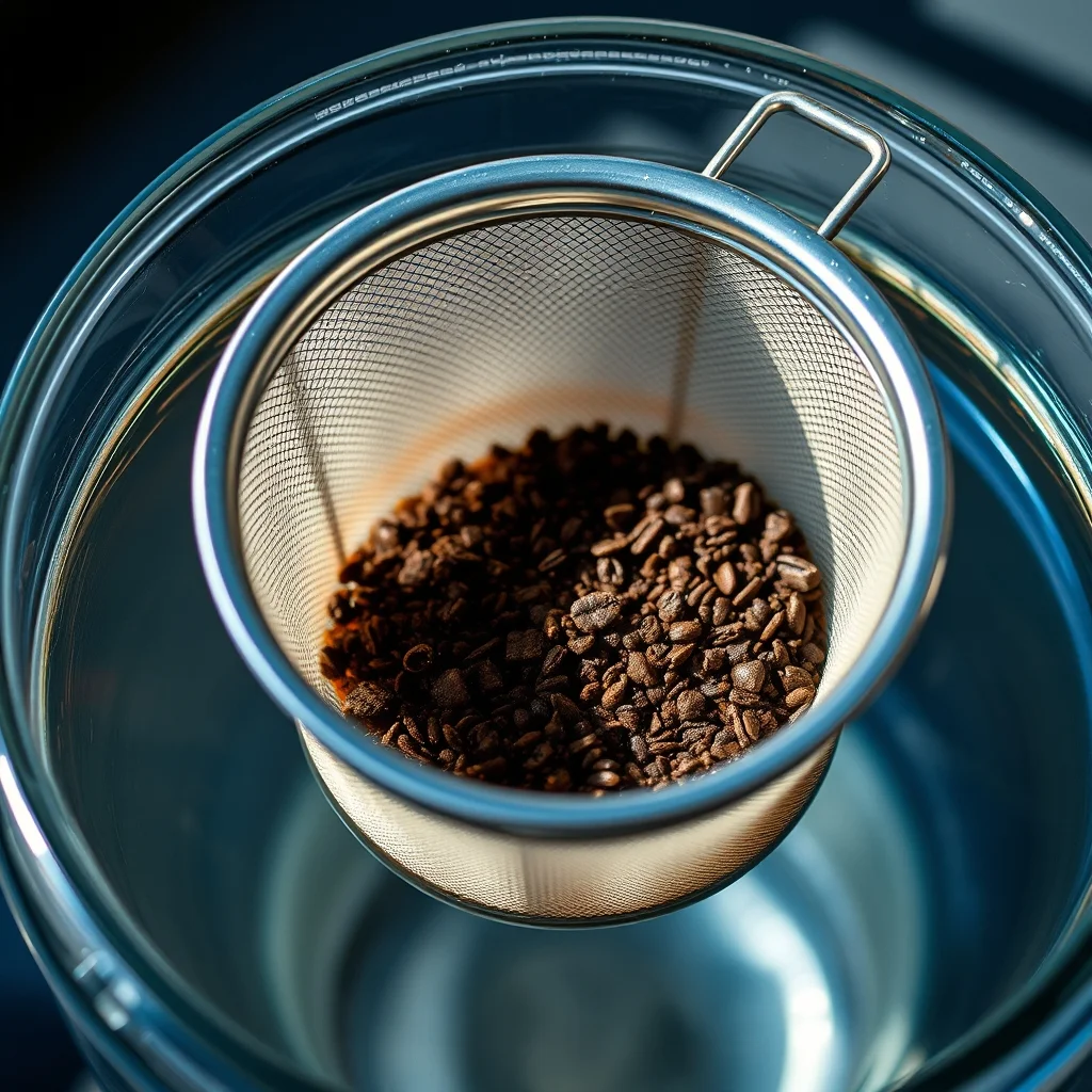 Cold brew maker mesh filter with coffee grounds steeping
